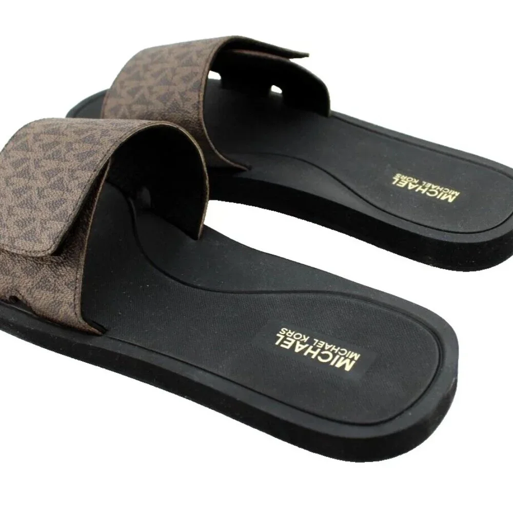 Michael Kors Wade Adjustable Slide Sandal Brown Logo Canvas NEW Sz 8 - Picture 6 of 8